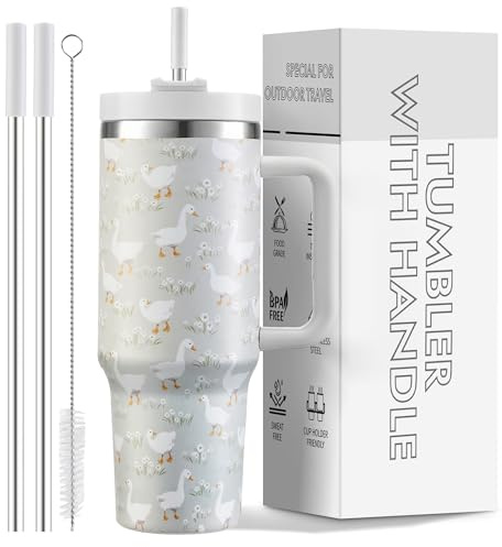 Gobelet de 1200 ml avec poignée et paille, couvercle 2 en 1, bouteille d'eau isotherme à double paroi en acier inoxydable – Tasse de voyage – Cadeau de vacances pour homme et femme – Canard