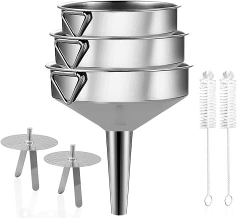 Gucass Set di 7 imbuti in acciaio inox, grandi imbuti da cucina con manico, per marmellate con filtro a setaccio, imbuto per trasferire spezie, liquidi, in polvere, confetture, 16/18/20 cm