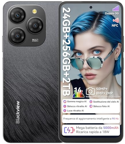 Blackview Shark 9 Téléphone Portable,Smartphone 5G Débloqué, Ecran 6.67'' 90Hz, 24Go+256Go/2To Mémoire, Batterie 5000mAh/18W Telephone Octa Core 2.7GHz/50MP+8MP/GPS/Fingerprint/OTG/NFC
