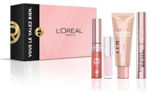 L'Oréal Paris - Coffret Maquillage Natural Glow - 4 produits - Mascara Big Deal, Enlumineur Lumi Glotion, Lumi Blush Liquide, Gloss Plump Ambition à l'Acide Hyaluronique
