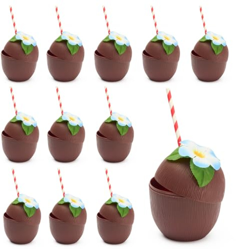 THE TWIDDLERS 24 Mehrweg Kunststoff Kokosnuss Cocktail Becher mit Blumen & Papierstrohhalmen - Tikibecher - Hawaii Party Deko, Pool Strandpartys, Tropische Hochzeiten, Geburtstage