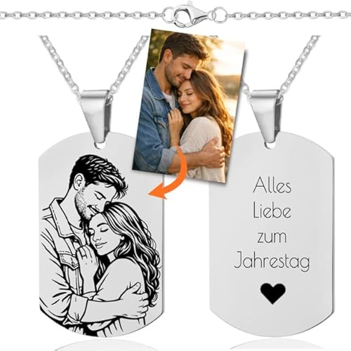 Lumari Gold Personalisierte Foto Halskette mit Gravur – Dog Tag Anhänger mit Fotogravur nach Bild (handgezeichnet) – personalisiertes Geschenk für Damen und Herren
