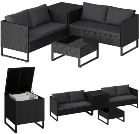 STEELSØN Alniyat Rattan Gartenmöbel Set 4-TLG., Schwarz/Anthrazit, Outdoor | Gartenlounge mit Bänken, Tisch & Auflagenbox, Sitzgruppe, Sitzgarnitur, Metallgestell, wetterfest, Garten, Balkon & Terrasse
