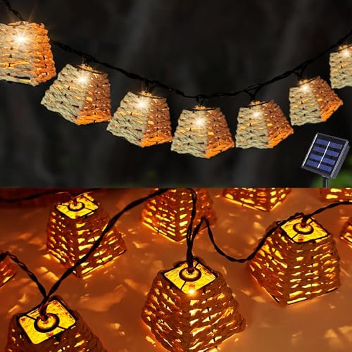 Sunshine smile Guirnaldas Luces Exterior Solar Cordel De Luz,10 Bolas De Ratán Led Blanco Cálido,8 Modes Interior y Exterior Cadena De Luces,Luz Solar Impermeable Para Jardín