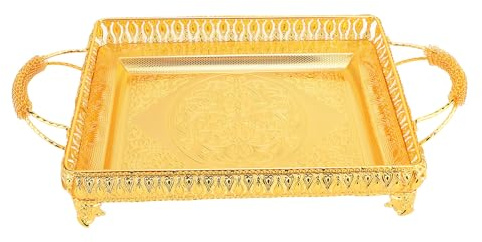 Tissting Plateau de Service en Métal Turc avec Poignées, 51X28X9.5Cm | Plateau Rectangulaire Décoratif en Or pour Le Thé et Les Coffres de Café Plat de Salle à Manger de Mariage Antique