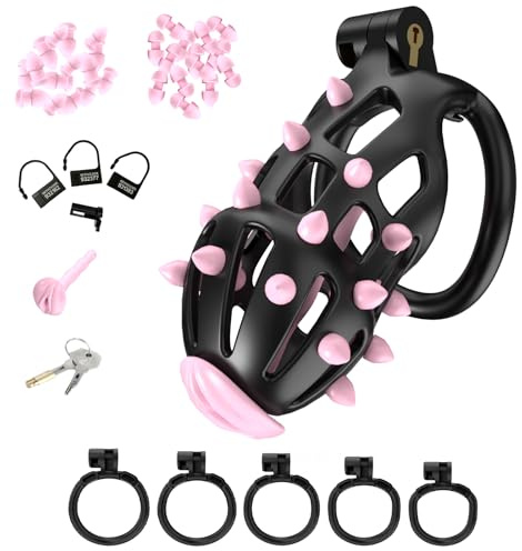 BDSMLOVE Chastity Cage Male mit 5 Hodenringe Peniskäfig für Männer - Herren Gebogener Keuschheitskäfig,Cock Cage Penis Cage mit Harnröhrendilatator mit Spikes Sex Spielzeug Hart (Schwarz, L)