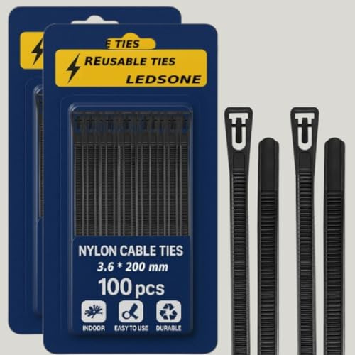 200 Pack Reusable Cable Ties Black 200mm Heavy Duty Strong Nylon Large Zip Ties Releasable Plastic Thick Tie Wraps (Black 200 x 3.6 mm)