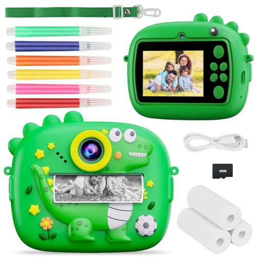 Kids Camera Instant Print 1080P kids Camera with 2.4 Inch Screen 4 Roll Printing Paper 32GB SD Card Hanging Rope and 6 Coloured Pens Christmas Birthday Gifts for 3-12 Year Old Girls and Boys
