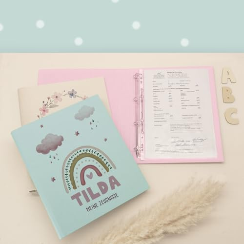 Zeugnismappe A4 personalisiert, Ringordner mit Namen, Leinen-Ordner für Schulzeugnisse, Geschenk Einschulung Mädchen & Jungen, Schulordner (Regenbogen Rosa A, Mint, Standard)