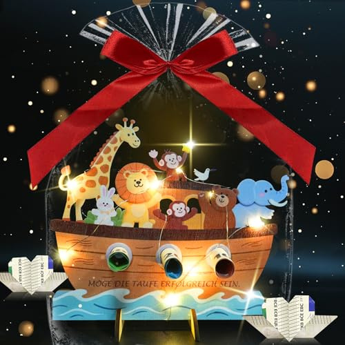 VEEKAY Taufgeschenke für Mädchen Jungen,Arche Noah Holz Taufkarte mit LED,Geldgeschenk zur Taufe,Geburt Taufe Geldgeschenk,für Jungen und Mädchen Geld Glückwunschkarten,für Kommunion,Geburtstag,Geburt