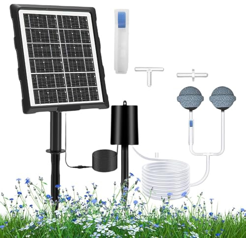 Solar-Belüfter für Teich – Sauerstoffgenerator für Solarteiche | 3 Betriebsmodi mit Schlauch und Luftstein für Außenbecken und Aquarium