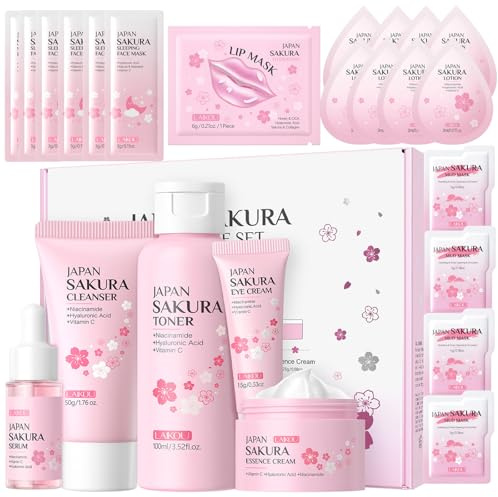 Honicemar Set De 24Pcs Con Extracto De Flor De Cerezo Para El Cuidado De La Piel Kit Hidratante, Con Limpiador, Tónico, Crema De Ojos, Suero, Crema Facial, Máscara Labios, Mascarilla Dormir, Etc.