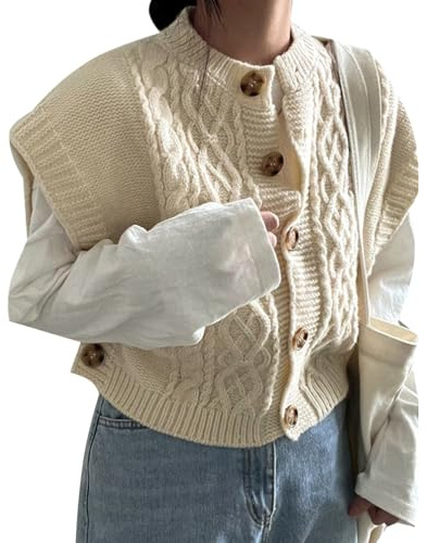 Minetom Pull sans Manche Femme Gilet en Tricot Automne Hiver Débardeurs Chandail Bureau Pullover Tops Hauts avec Boutons A Beige S