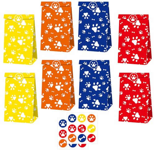 MORAINJAY 12 Stück Hundepfoten Papiertüten, Hund Themen Party Geschenktüte, Haustier Geburtstag Geschenk Geschenktüten, 22x12x8cm, mit 18 Aufklebern