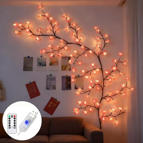 Kirschblüten Willow Vine Wand Deko, 2.3M 144 LEDs mit Fernbedienung 8 Modi Timer Lichterkette Wanddeko USB-Betriebene, Weidenrebe Baum Lichter für Schlafzimmer Weinachtsdekorationen Wedding Raum Deko