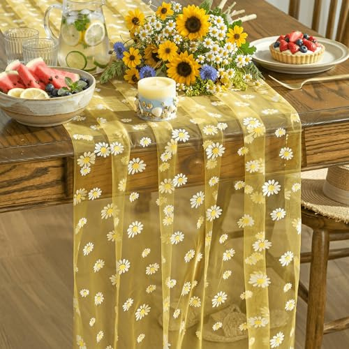 Artoid Mode Gelb Gänseblümchen Sommer Tüll Gaze Frühling Tischläufer 70x300 cm, Sommer Küche Tisch Dekoration Drinnen Urlaub Party Dekor