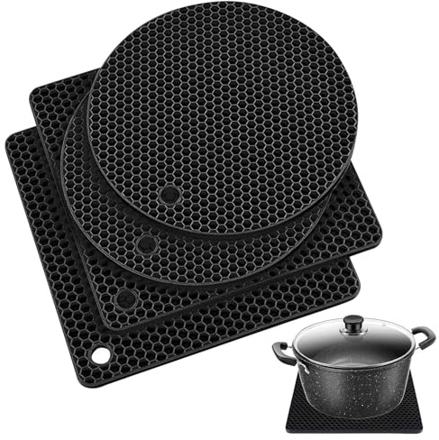 4 Pack Silicone Trivet Mats, Extra Thick Heat Resistant Multi-purpose None slip Silicone Trivet Mat, 18 cm Hot Pot Pads Oven Mitt for Kitchen Cooking Dining Microwave, Square and Round(4 Pack Black)