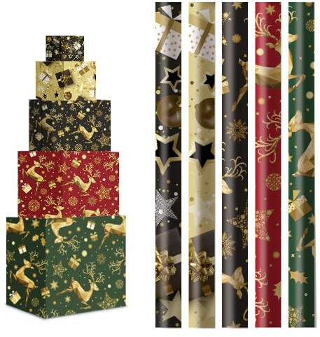 H HANSEL HOME Pack 5 Rollos Papel de Regalo 70x200cm – Diseño Navideño con Renos y Estrellas Doradas – Papel Grande y Resistente para Envolver Regalos de Cumpleaños, Navidad y Fiestas