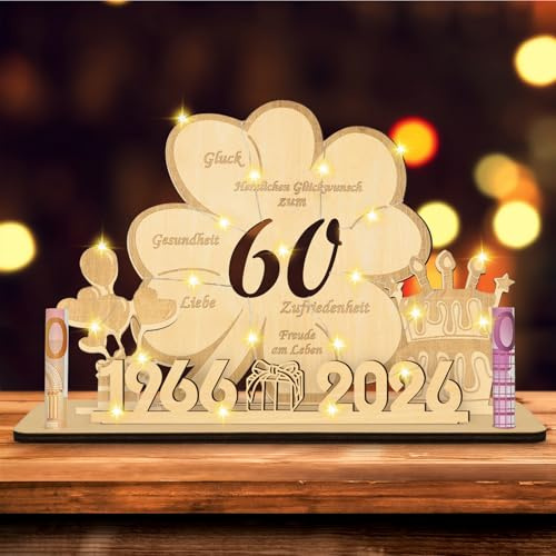 GothicBride 60 Geburtstag Frau Mann, 2026 Kleeblatt Glück Holzschild | Geldgeschenk 60 Geburtstag, Holz Gästebuch Geburtstag Deko (60)