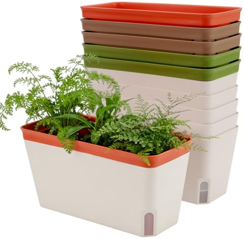 TAICHEUT 6PCS Self Watering Plant Pots Indoor, 27 x 14.4 x 12CM Rectangle Plastic Windowsill Planters with Visual Water Level Drainage Holes for Outdoor, Garden, Balcony, Flowers, Succulents