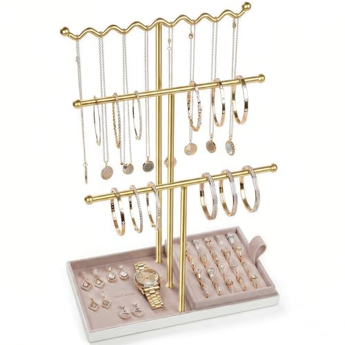 necvha Jewelry Stand Holder Organizer, 3 Tier Bracelet Holder Display with Detachable Velvet Tray, Elegant Jewlery Tower for Display Bracelet, Necklace, Earrings, Rings (Pink)