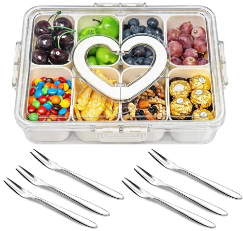 Snackslåda med 8 fack, snacktallrikar av PP diskmaskinssäker, snackskål med lock och handtag, bärbar organisatör för godis, frukt, kex, grönsaker och nötter – fryssäker