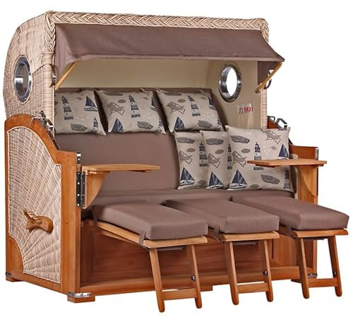 MR. DEKO® Strandkorb Baltikum 3-Sitzer Teak | PE Geflecht Shell | Volllieger Strandkörbe fertig montiert aus Teakholz | 2 Bullaugen & 3 Fußablagen | Polster & 6 Kissen | Dessin 540