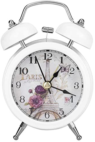 Sveglia Meccanica Silenziosa con Design Retro Parigi, Sveglia da Comodino a Batteria con Numeri Romani e Doppia Campana, Ideale per Camera da Letto, Ufficio, Viaggio, con Luce Notturna