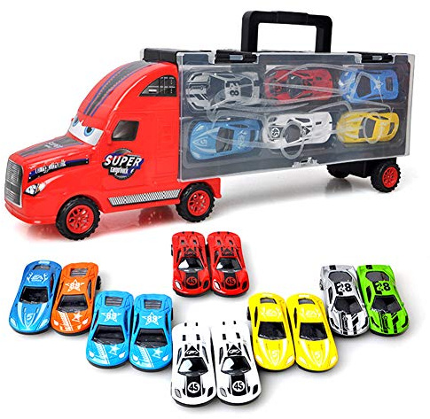 Camión de Transporte Transportador de Automóviles con 12 Coches Maletín portacoches Juguete para Niños y Niñas (rojo)