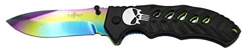 THIRD Taktisches Taschenmesser K2814W, Klinge aus rostfreiem Stahl, 10 cm, titanbeschichtet, schwarzer Aluminiumgriff mit Totenkopf in Silber, Camping-Werkzeug für Angeln, Jagd, Sport