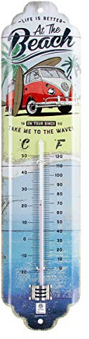 Nostalgic-Art Retro Thermometer, 7 x 28 cm, VW Bulli – Beach | Original Volkswagen Lizenzprodukt (OLP), analoges Innenthermometer, Vintage Design, Geschenk-Idee für VW Bus Fans