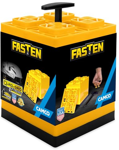 Camco Fasten RV Leveling Blocks - Features Interlocking Design for Customizable Height - Carrying Handle Twists to Secure Blocks for RV Storage - 8.5” x 8.5” x 1”, Yellow, 10-Pack (21022)
