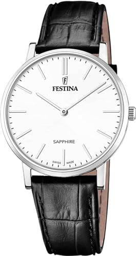 Festina Swiss Made Herrenuhr Analog aus Leder Schwarz | Quarzwerk, Widerstandsfähiges Saphirglas, Wasserdicht 5 ATM Elegant F20012/1 Classic Leather