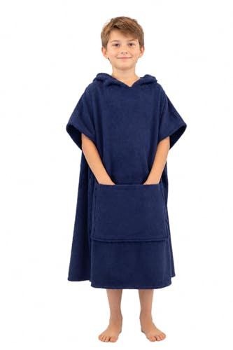 ALLEN & MATE 100% BAUMWOLLE Kinder-Strandtuch-Poncho – Übergroßer, schnelltrocknender Bademantel zum Umziehen mit Kapuze und Tasche für Jungen und Mädchen (10–13 Jahre, Marineblau)
