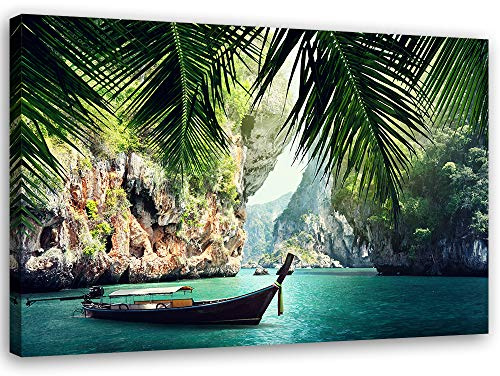 Feeby Bilder Tropische Strand Palmen XXL 120x80 cm 1Teilig Wohnzimmer Schlafzimmer Modern Wandbilder Vlies Leinwandbilder Bild auf Leinwand Design Kunstdruck Wanddeko Meer Insel Landschaft Natur Blau