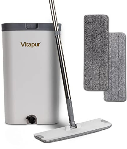 VITAPUR Wischmopp und Eimer Set mit 2er Moppads und Reinigungsbürste, Selbstreinigend Flach Mopp Bodenwischer Set für Boden Reinigung, Fliesen, Parkett, Laminat