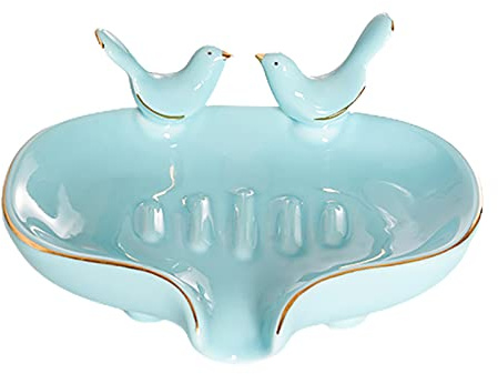 DEDEMCO Ceramic Soap Dish with Drainage,Self Draining Soap Holder with Birds Soap Tray,Waterfall Soap Dish Soap Savers for Bathroom Shower Sink,Blue