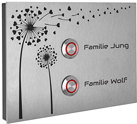 Jung Edelstahl Design Zweifamilienhaus Türklingel Lübeck1-2AG Motiv Pusteblume Klingelschild 17x12 cm Klingel Mehrfamilienhaus