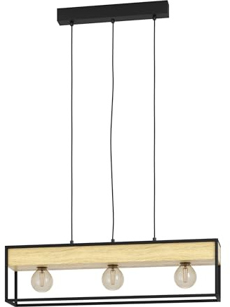 EGLO Hängelampe Libertad 1, 3-flammige Esstisch Pendelleuchte | mit Pflanzgefäßen, Esszimmerlampe aus Holz in Natur und Metall in Schwarz, FSC100HB, Hängeleuchte mit E27 Fassung