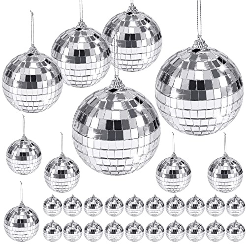 JEFFOUOO 30 Stück Spiegel-Discokugeln,Silber Discokugel Spiegelkugel zum Aufhängen,Disco Spiegel Ball,Disko Mirrorball Klein für Weihnachtsbaum Geburtstag Party Hochzeit Bar Dekoration,4 Größen