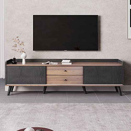 Moimhear TV-Schrank mit Zwei Schubladen, Fernsehtisch TV Board, TV- Lowboard niedrige Platte mit Zwei Schiebetüren. Exquisite Textur. Schwarz und natürliches Holzfarbe. H58/L160/T40 cm