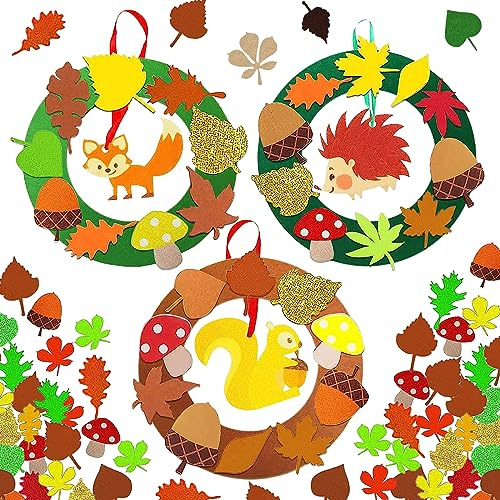 Giugio 131 Stück Herbst Basteln Kinder Set, Filz Bastelset für Deko, Kränze Bastelset mit Eichhörnchen, Fuchs, Igel, Kinder Kunst und Bastelhandwerk für DIY Filz Herbst Kränze Ornamente