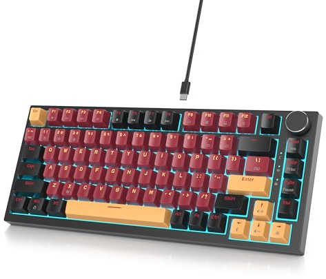 SOLIDEE Verkabelte Mechanische Gaming Tastatur 75%,hot-swap-fähige mechanische Tastatur Gasket Struktur,RGB Hintergrundbeleuchtung,QWERTY 82 Tasten TKL Gaming Tastatur mit Drehknopf(82 Red Samurai)
