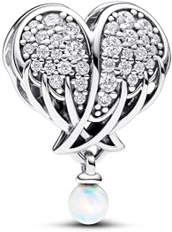 PANDORA Ciondolo Moments in argento Sterling a forma di ala d'angelo con zirconia cubica trasparente e opale bianco creato in laboratorio