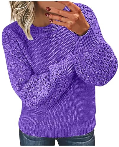 RLEHJN Winter Jumpers for Women UK Clearance Chunky Knit Jumpers Plain Knitted Jumpers Ribbed Cuffs Long Sleeve Pullover Tops Solid Color Crew Neck Knitwear Ladies Jumpers 8-22 Purple