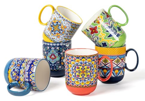 HENXFEN LEAD Porcelain Coffee Mugs, 410ml Coffee Mug Set with Handle, Porcelain Cups for Tea Coffee Milk Cappuccino, Colourful, 6 Pack - Bohemian Style