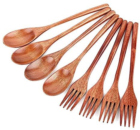 Lot de 8 cuillères et fourchettes en bois de style japonais, cuillères de cuisine faites à la main, couverts de voyage réutilisables B