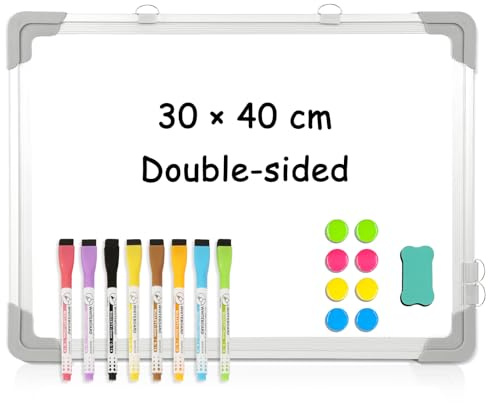 DOLLAR BOSS Magnetic Whiteboard for Wall A3 Small White Board 30 x 40cm | Double Sided Hanging Magnetic Board Mini Whiteboard with Hooks for Home Office Memo 8 Magnets 1 Eraser