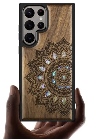 Carveit Designer Wooden Case for Samsung Galaxy S24 Ultra - Mandala Art, Walnut Wood, Laser Engraving, Shell Inlay, Wireless Charger Compatible, Bumper Style