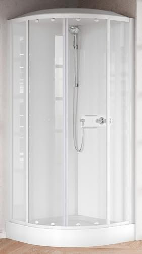 Novellini Media Glass R Standard Duschkopf 90 x 90 cm Duschkabine Multifunktions gebogene Öffnung Schiebemontage Winkel Mechanische Mischbatterie Glas Transparent Profil Weiß Höhe 226 cm